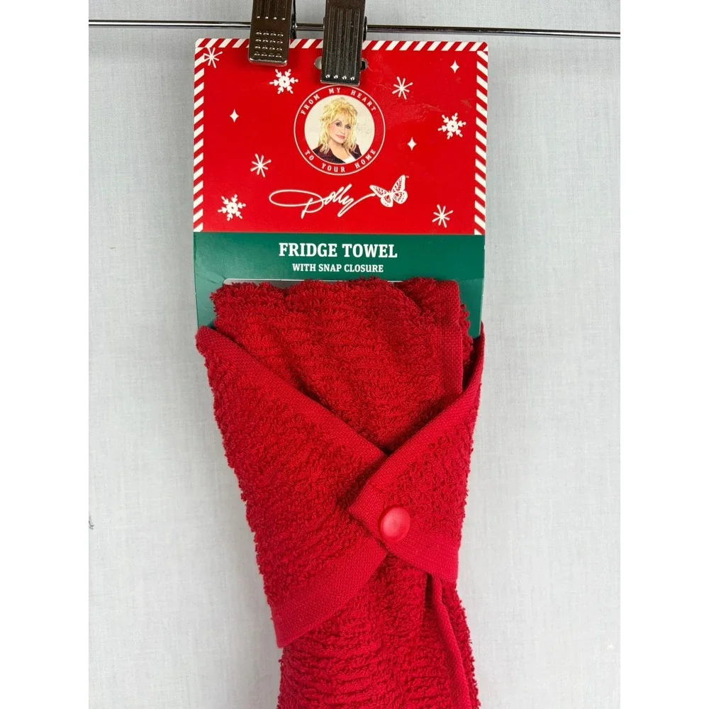 Dolly Parton Red Christmas Fridge Towel Snap Closure Striped Ruffle‎ 14x24 NEW